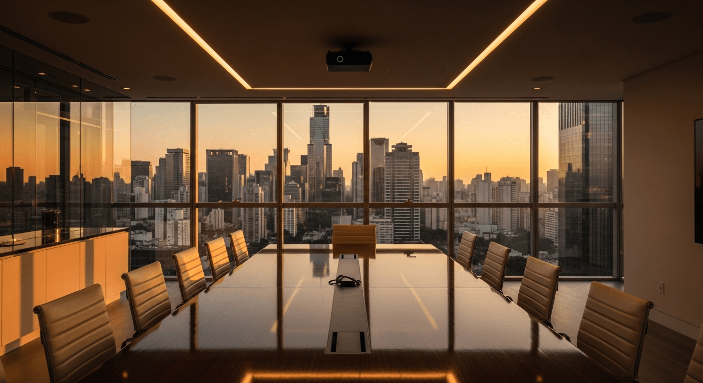 Sala de reunião premium com vista para skyline ao entardecer