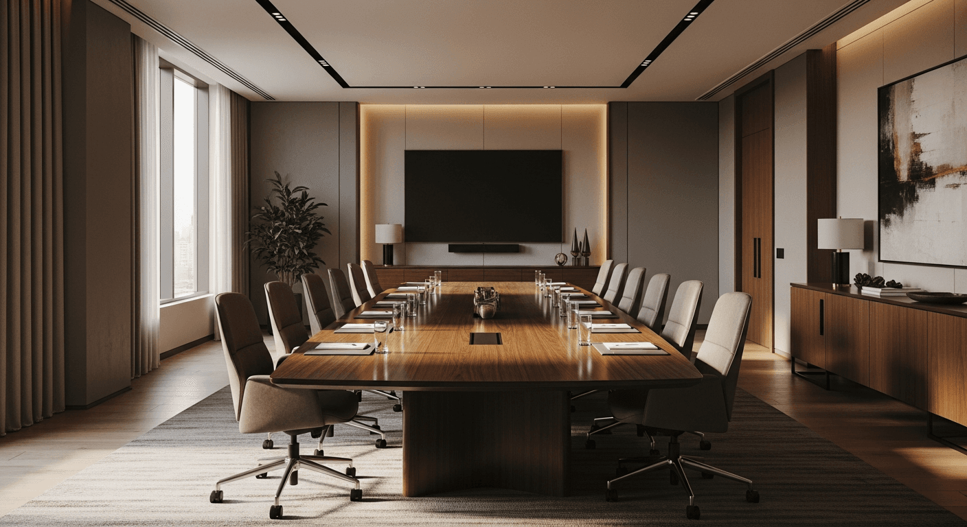 Sala de reunião executiva — ambiente institucional premium