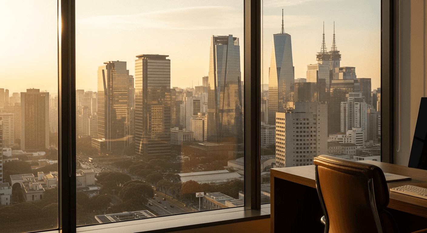 Vista contemplativa de janela executiva com skyline ao entardecer